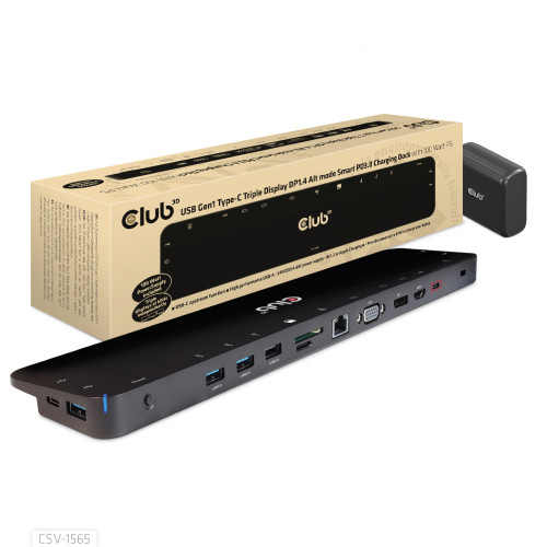 Club 3D CLUB3D USB Gen1 Type-C Triple Display DP1.4 Alt mode Smart PD3.0 Charging Dock with 100 Watt Power Supply
