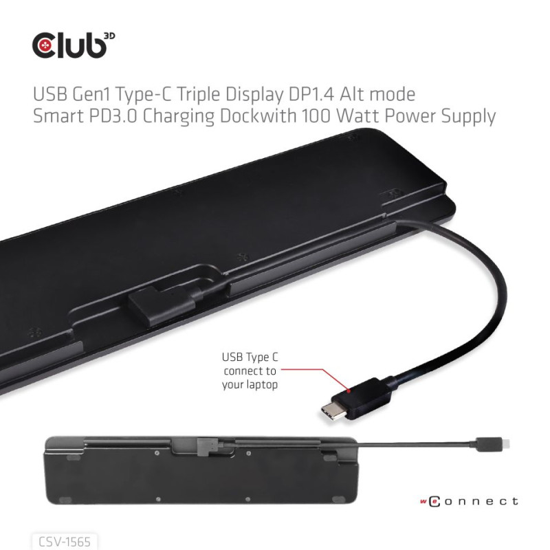 Produktbild för CLUB3D USB Gen1 Type-C Triple Display DP1.4 Alt mode Smart PD3.0 Charging Dock with 100 Watt Power Supply