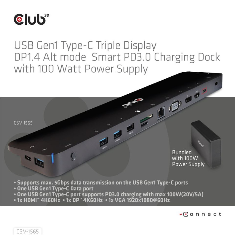 Produktbild för CLUB3D USB Gen1 Type-C Triple Display DP1.4 Alt mode Smart PD3.0 Charging Dock with 100 Watt Power Supply