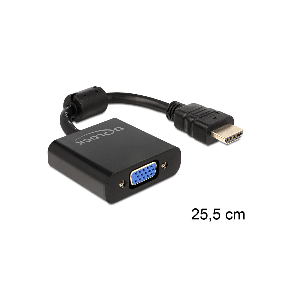 Produktbild för DeLOCK 65512 videokabeladapter 0,254 m VGA (D-Sub) HDMI Typ A (standard) Svart