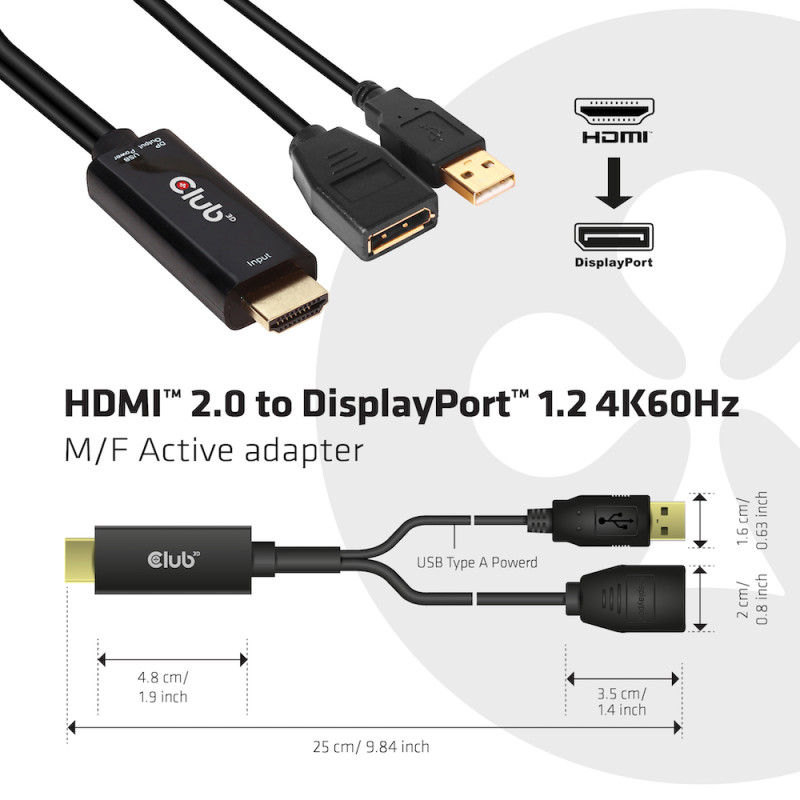 Produktbild för CLUB3D HDMI 2.0 TO DISPLAYPORT 1.2 4K60HZ HDR M/F ACTIVE ADAPTER Svart