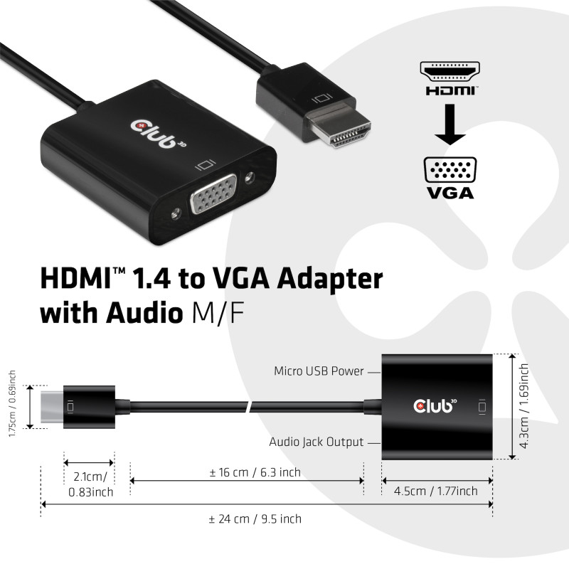 Produktbild för CLUB3D CAC-1302 videokabeladapter 0,5 m HDMI Typ A (standard) VGA (D-Sub) Svart