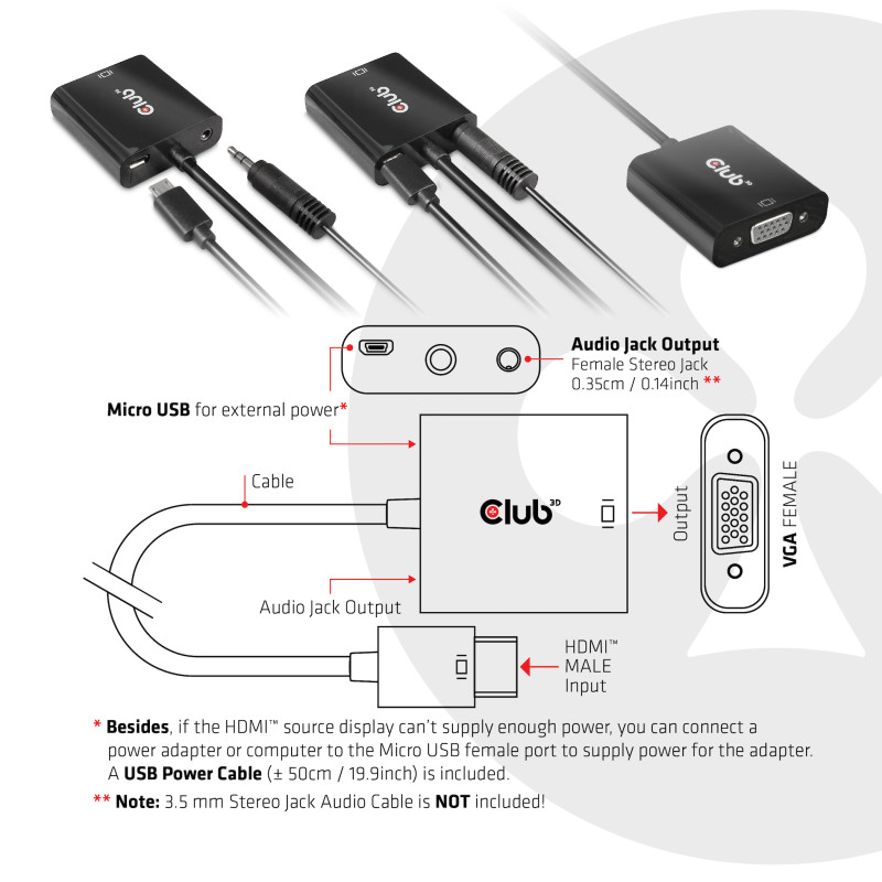 Produktbild för CLUB3D CAC-1302 videokabeladapter 0,5 m HDMI Typ A (standard) VGA (D-Sub) Svart