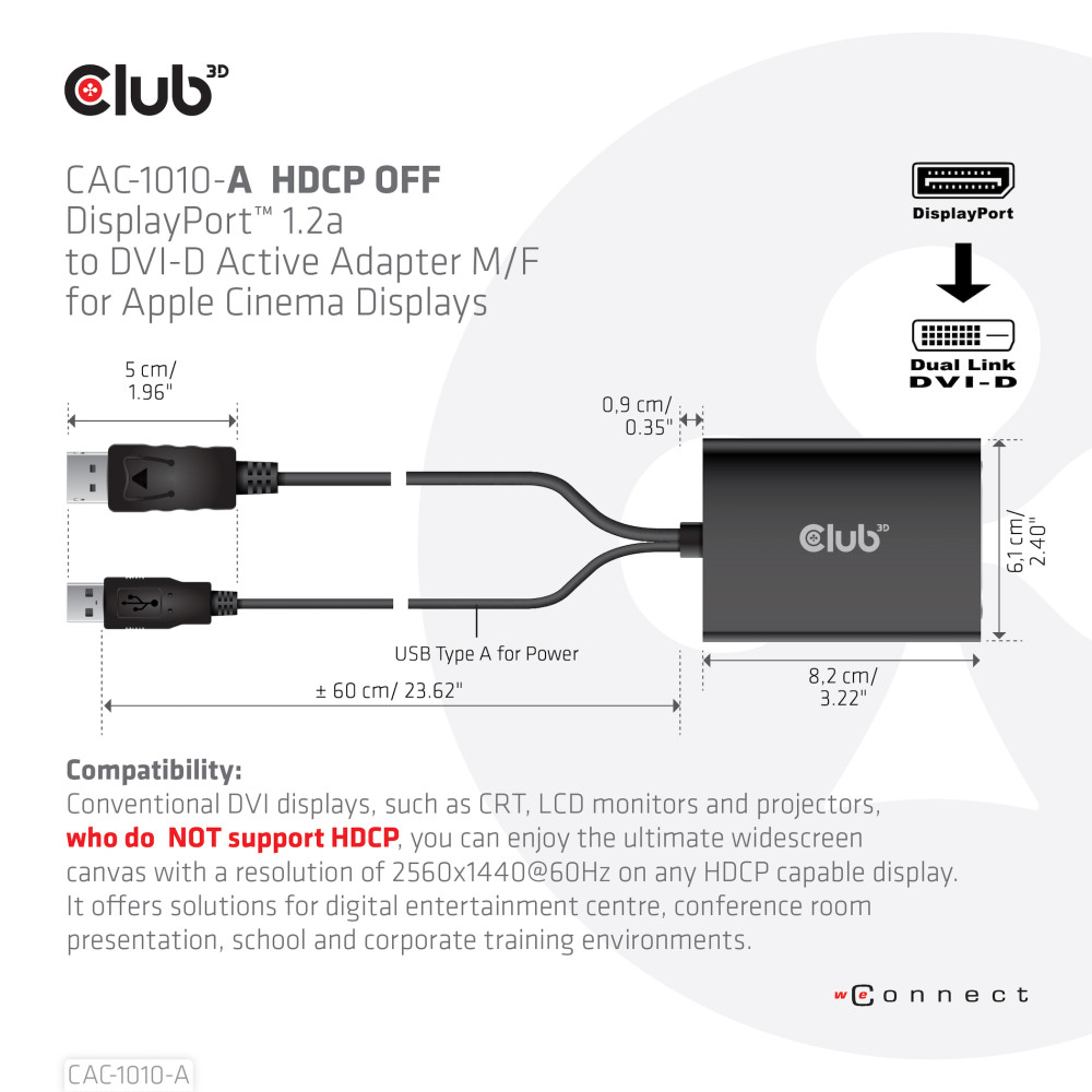 Produktbild för CLUB3D CAC-1010-A videokabeladapter 0,6 m DisplayPort DVI-D + USB