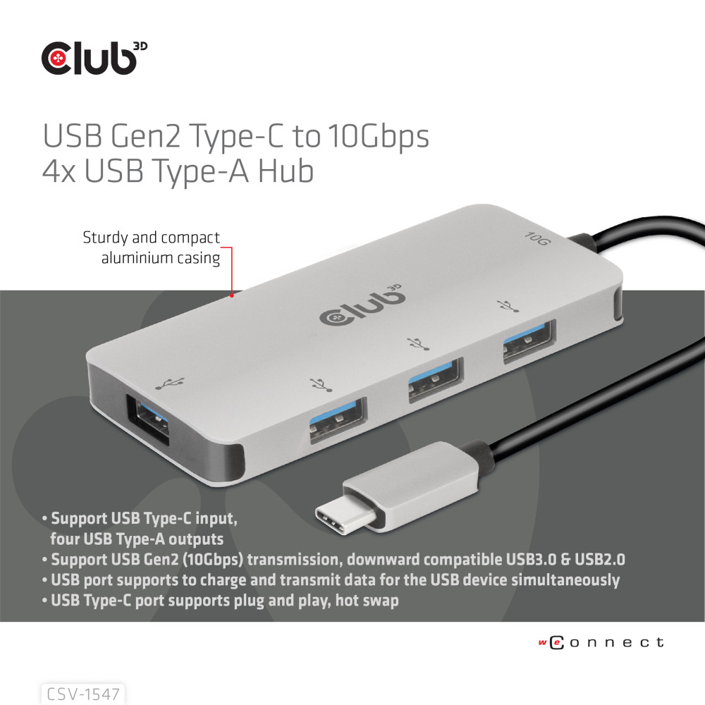 Produktbild för CLUB3D CSV-1547 gränssnittshubbar USB 3.2 Gen 2 (3.1 Gen 2) Type-C 10000 Mbit/s Svart, Silver