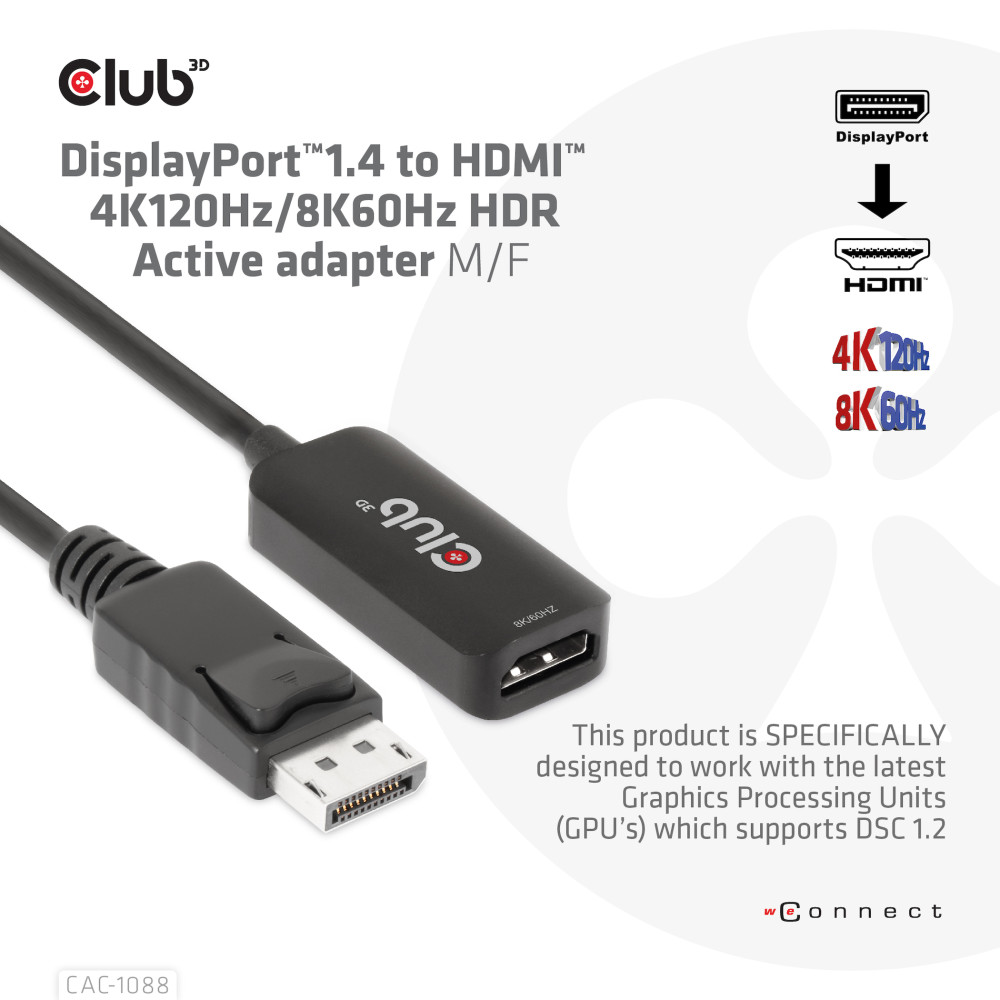 Produktbild för CLUB3D DisplayPort1.4 to HDMI 4K120Hz/8K60Hz HDR Active adapter M/F