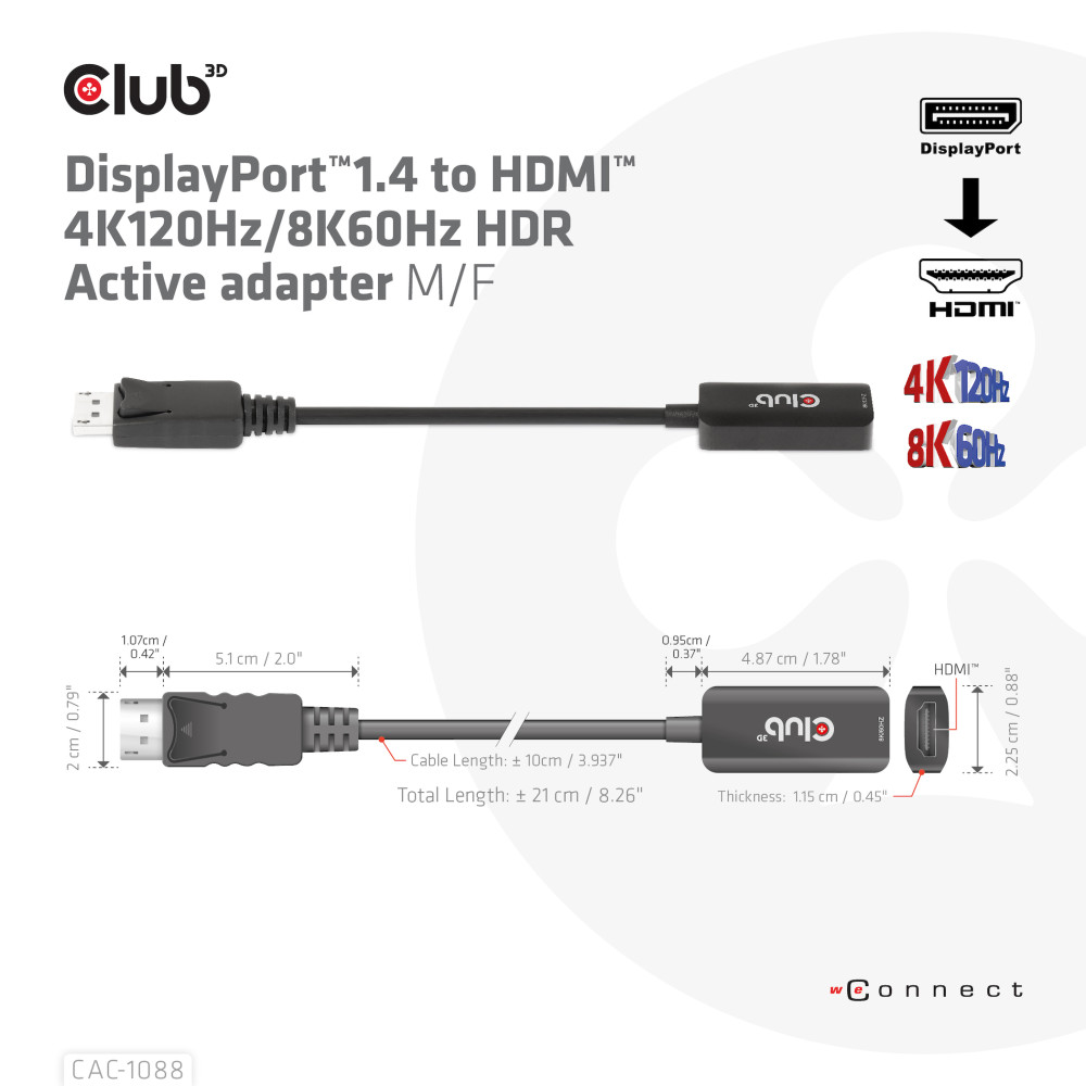 Produktbild för CLUB3D DisplayPort1.4 to HDMI 4K120Hz/8K60Hz HDR Active adapter M/F