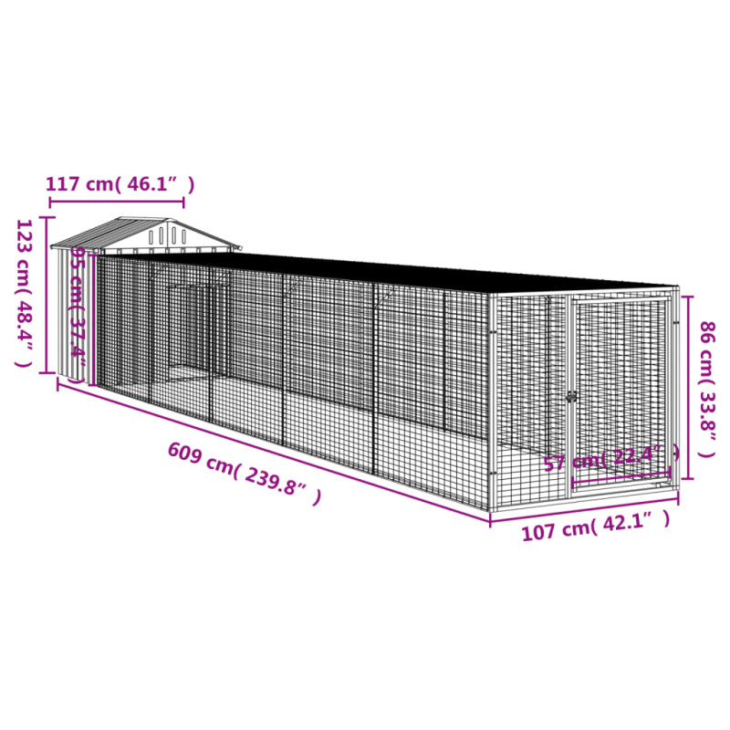 Produktbild för Hönshus med gård ljusgrå 117x609x123 cm galvaniserat stål