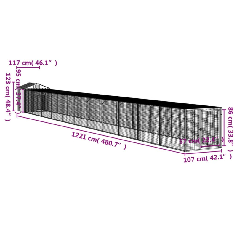 Produktbild för Hönshus med gård ljusgrå 117x1221x123 cm galvaniserat stål