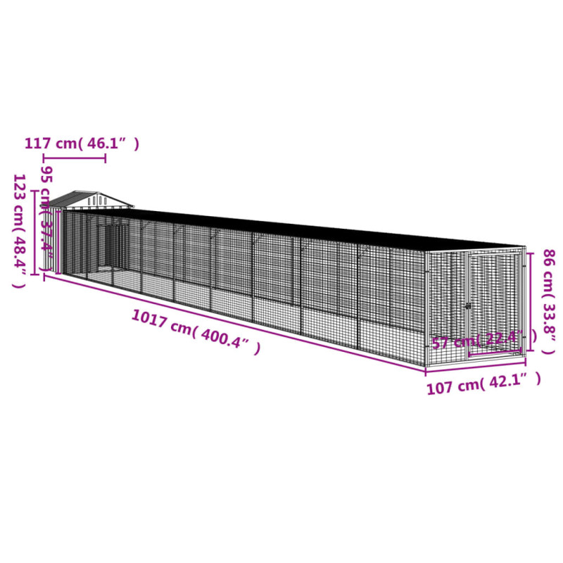 Produktbild för Hönshus med gård ljusgrå 117x1017x123 cm galvaniserat stål