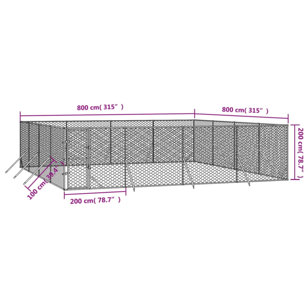 Produktbild för Hundgård för utomhusbruk silver 8x8x2 m galvaniserat stål