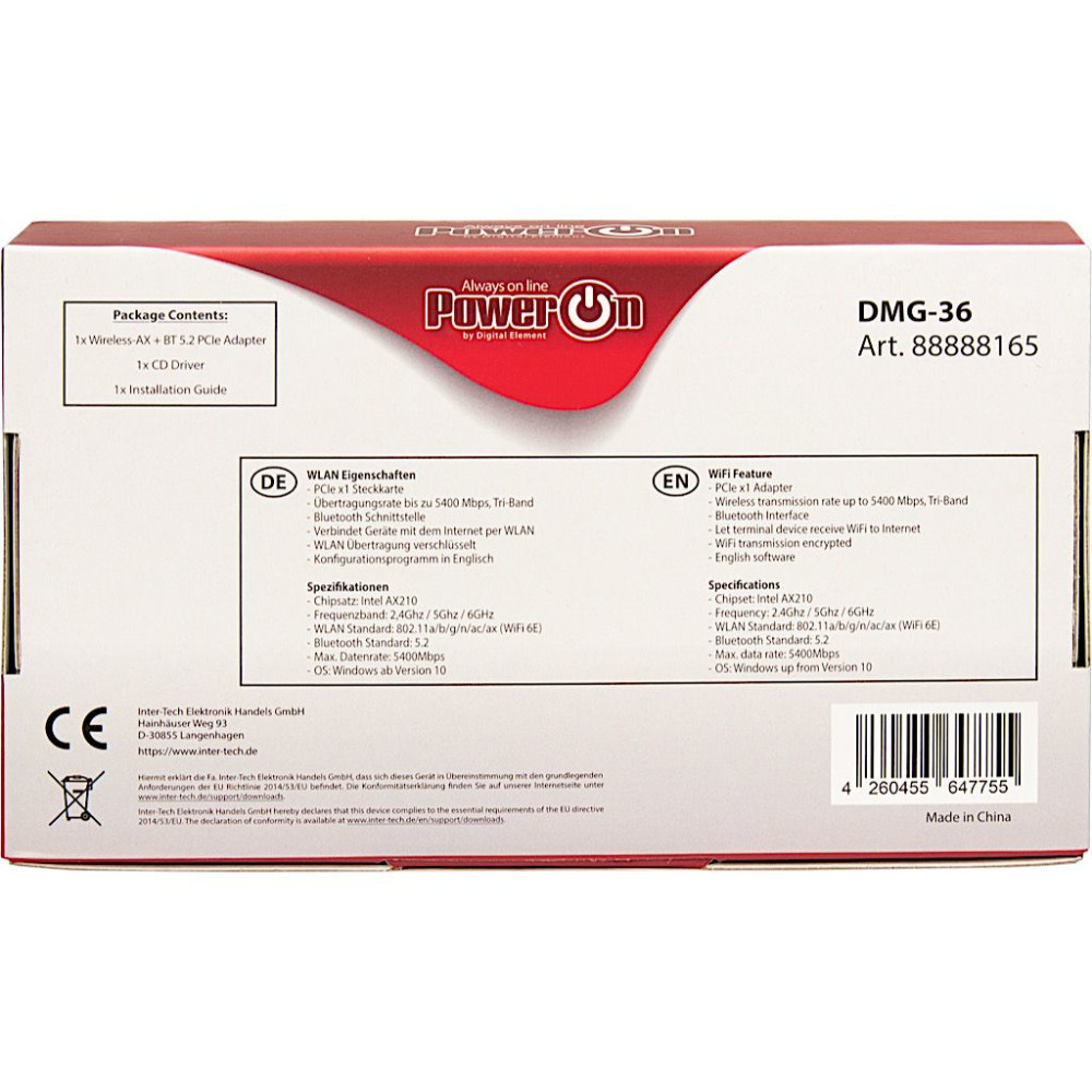 Produktbild för Inter-Tech DMG-36 Intern WLAN / Bluetooth 5400 Mbit/s