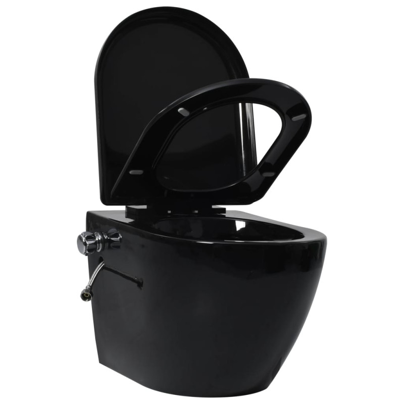 Produktbild för Vägghängd toalett kantlös med dold cistern keramik svart