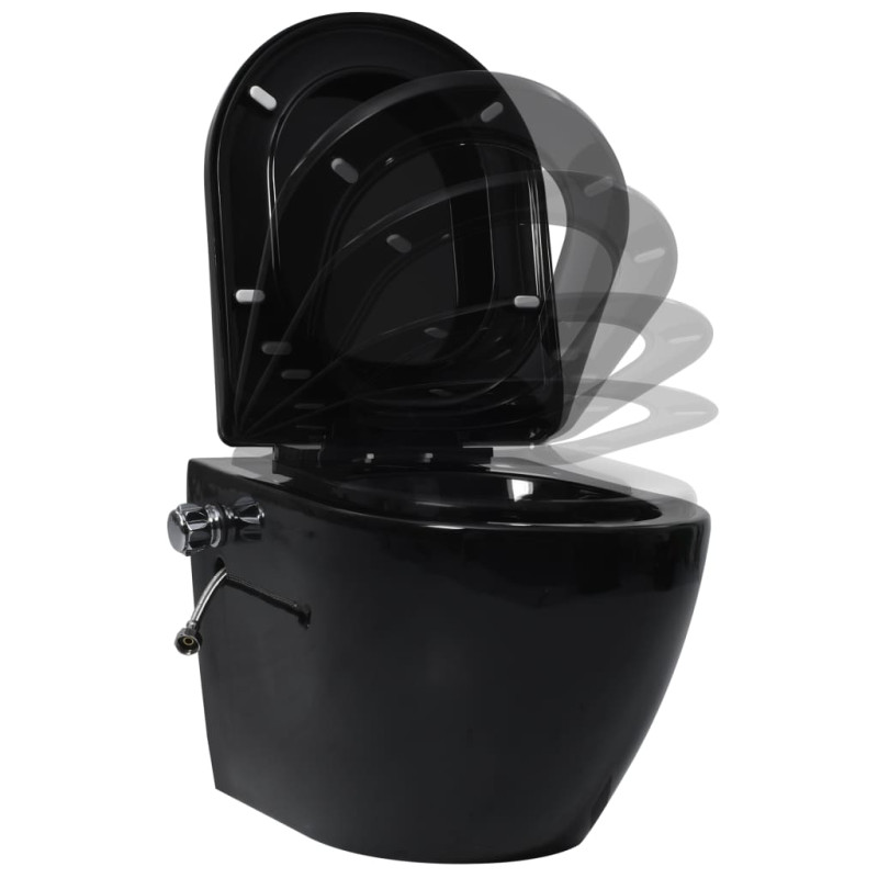 Produktbild för Vägghängd toalett kantlös med dold cistern keramik svart