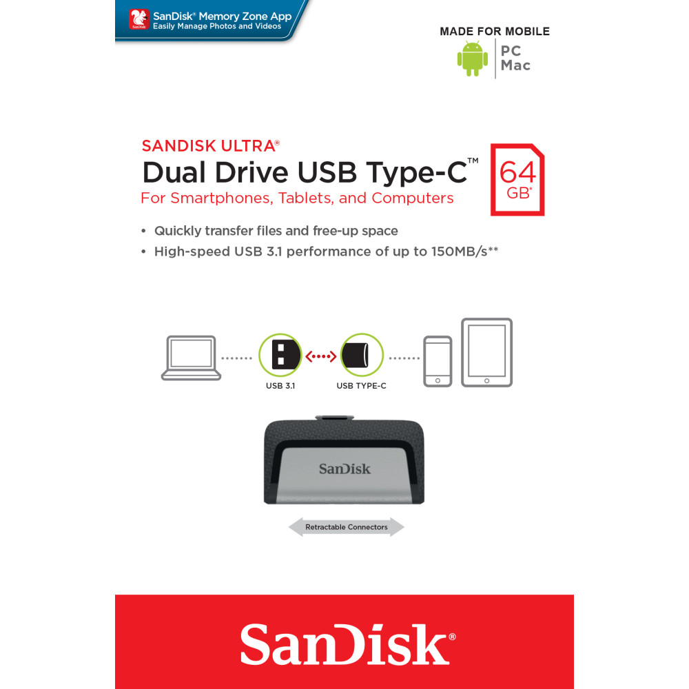 Produktbild för SanDisk Ultra Dual Drive USB Type-C USB-sticka 64 GB USB Type-A / USB Type-C 3.2 Gen 1 (3.1 Gen 1) Svart, Silver