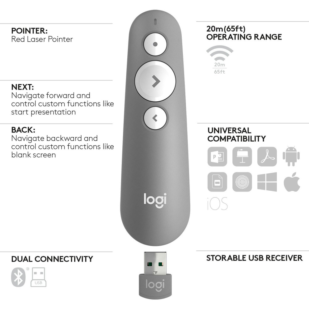 Produktbild för Logitech R500 trådlösa presentatörer Bluetooth/RF Grå