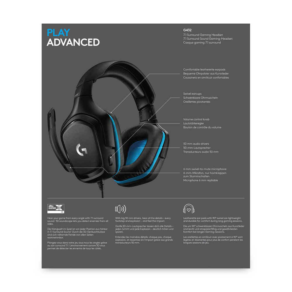 Produktbild för Logitech G G432 Headset Kabel Huvudband Spela Svart, Blå