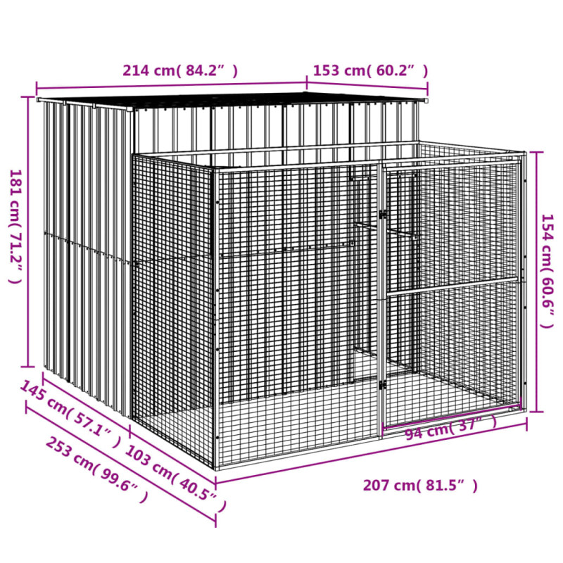 Produktbild för Hundkoja med gård antracit 214x253x181 cm galvaniserat stål