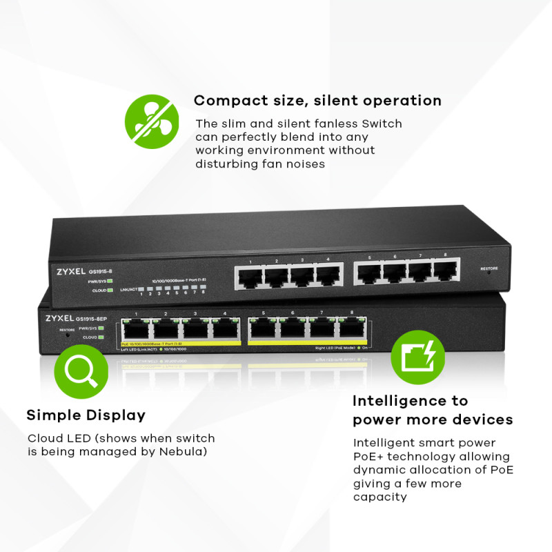 Produktbild för Zyxel GS1915-8EP hanterad L2 Gigabit Ethernet (10/100/1000) Strömförsörjning via Ethernet (PoE) stöd Svart