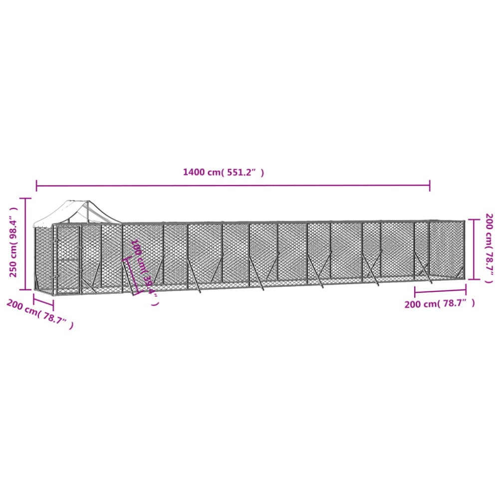 Produktbild för Hundgård med tak silver 14x2x2,5 m galvaniserat stål