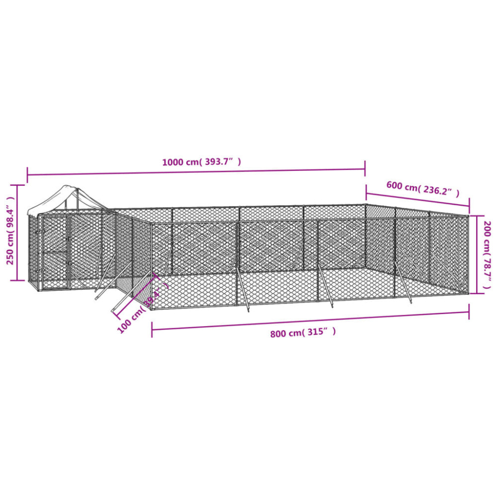 Produktbild för Hundgård med tak silver 10x6x2,5 m galvaniserat stål