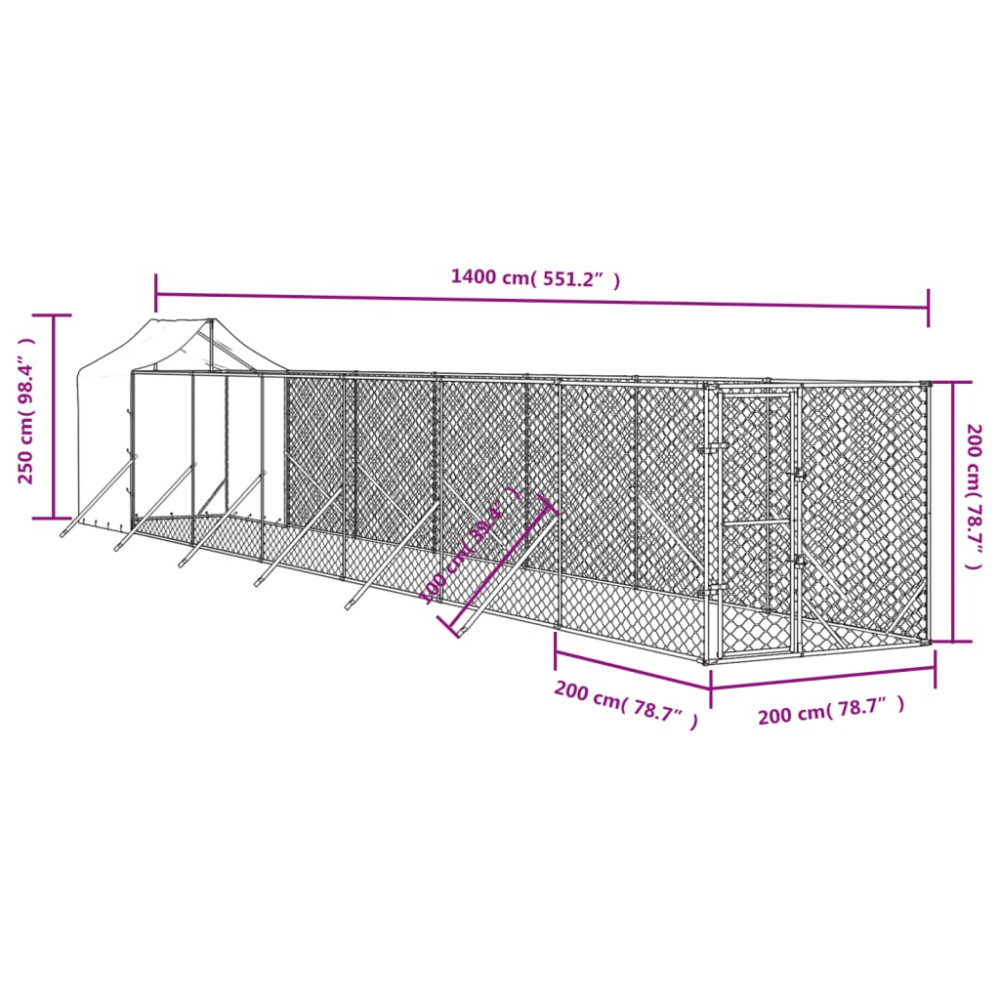 Produktbild för Hundgård med tak silver 2x14x2,5 m galvaniserat stål