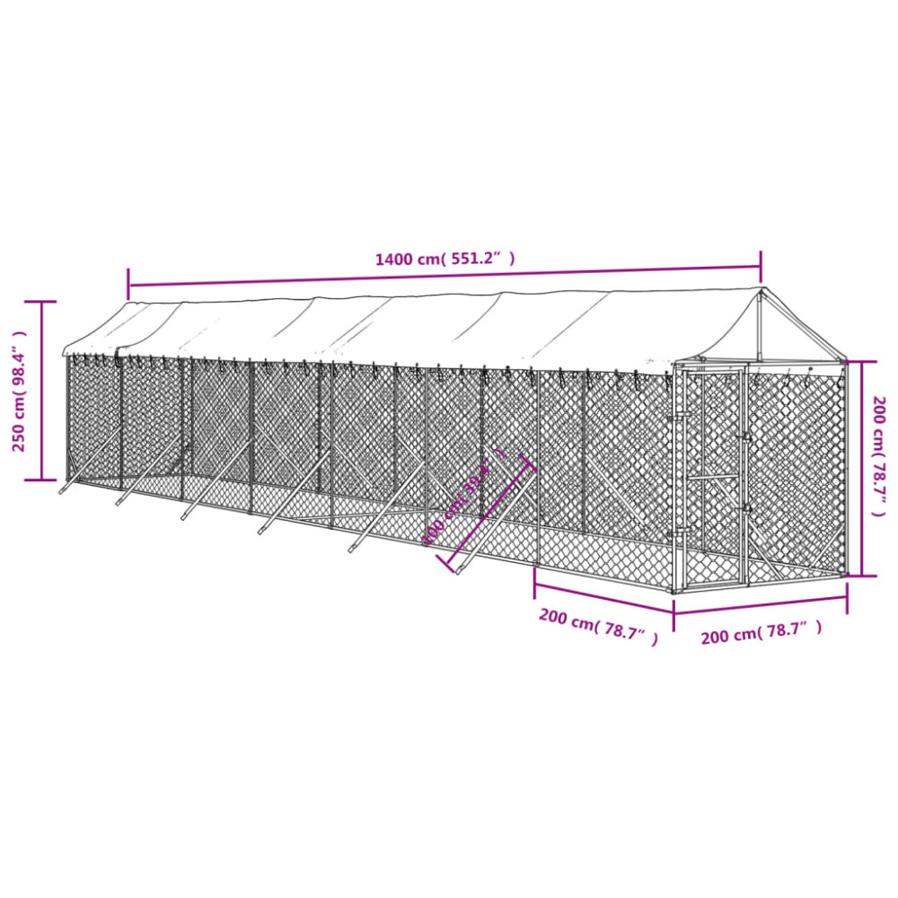 Produktbild för Hundgård med tak silver 2x14x2,5 m galvaniserat stål