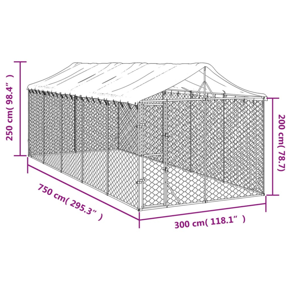Produktbild för Hundgård med tak silver 3x7,5x2,5 m galvaniserat stål
