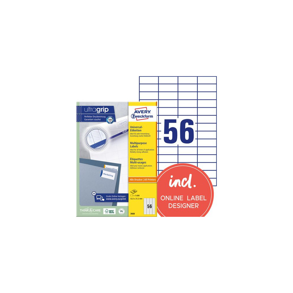 Produktbild för Etikett AVERY 52,5x21,2mm 5600/fp