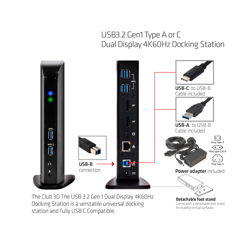 Produktbild för CLUB3D USB3.2 Gen1 Type A or C Dual Display 4K60Hz Docking Station