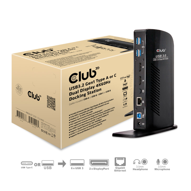 Produktbild för CLUB3D USB3.2 Gen1 Type A or C Dual Display 4K60Hz Docking Station