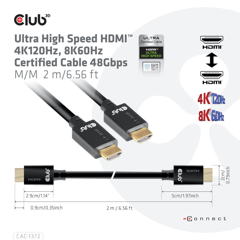 Produktbild för CLUB3D Ultra High Speed HDMI 4K120Hz, 8K60Hz Certified Cable 48Gbps M/M 2 m / 6.56 ft