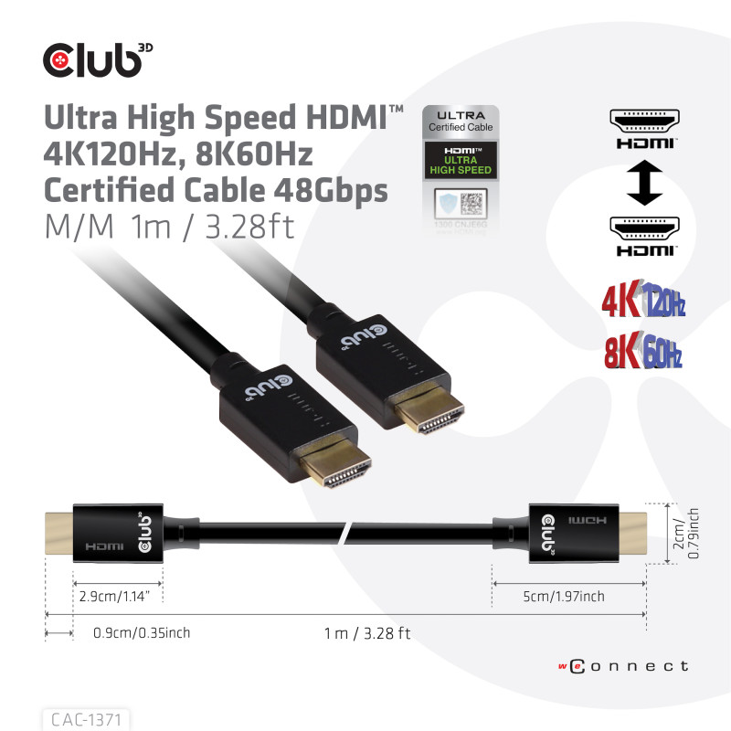 Produktbild för CLUB3D Ultra High Speed HDMI 4K120Hz, 8K60Hz Certified Cable 48Gbps M/M 1 m/3.28 ft