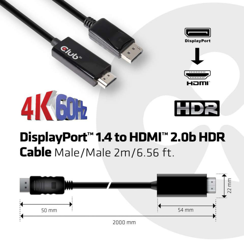 Produktbild för CLUB3D DisplayPort 1.4 to HDMI 2.0b HDR Cable Male/Male 2m/6.56 ft.