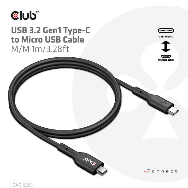Produktbild för CLUB3D CAC-1526 USB-kablar 1 m USB 3.2 Gen 1 (3.1 Gen 1) USB C Micro-USB B Svart