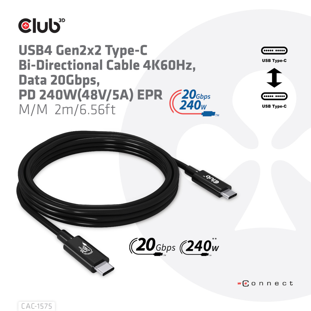 Produktbild för CLUB3D CAC-1575 USB-kablar 2 m USB4 Gen 2x2 USB C Svart