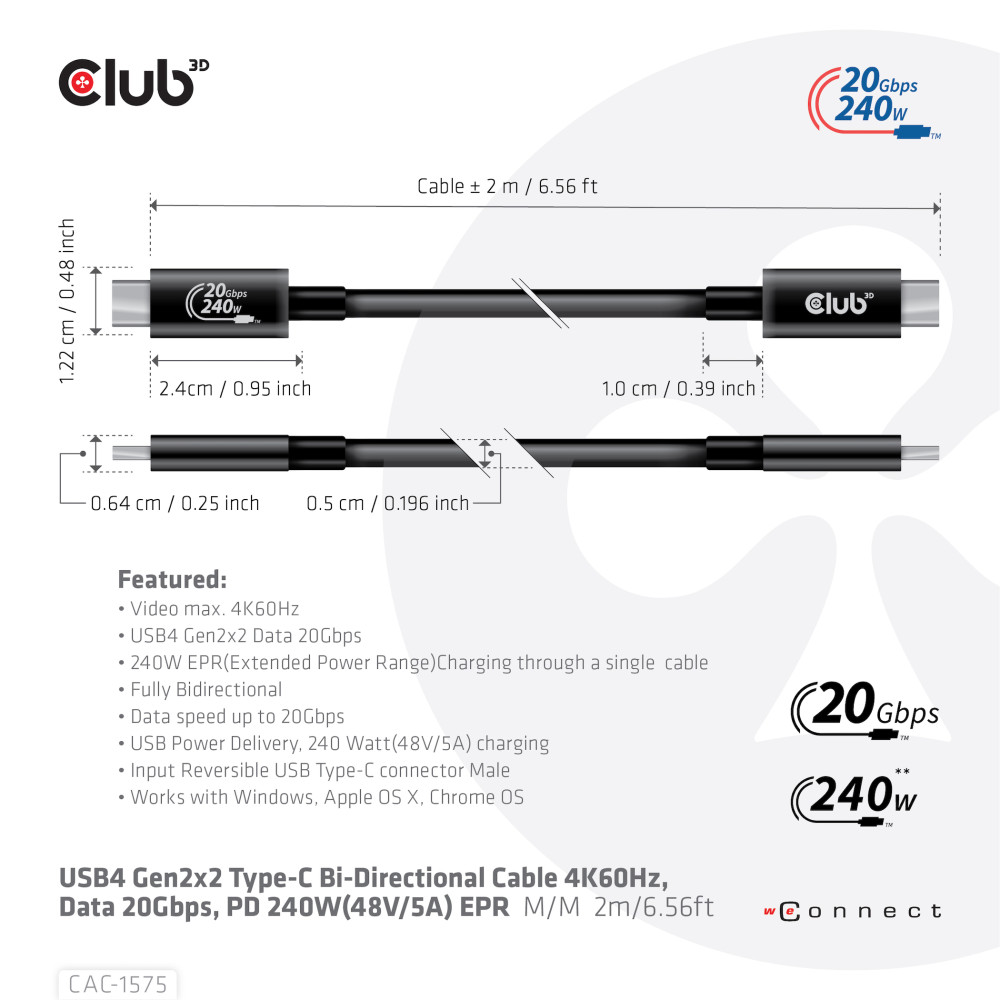 Produktbild för CLUB3D CAC-1575 USB-kablar 2 m USB4 Gen 2x2 USB C Svart