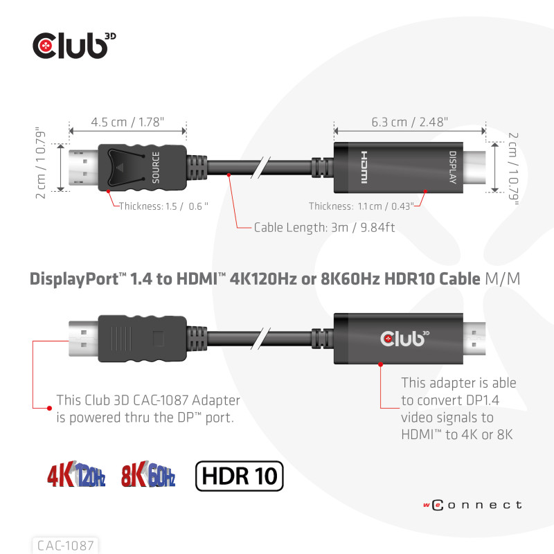 Produktbild för CLUB3D CAC-1087 videokabeladapter 3 m DisplayPort HDMI Svart