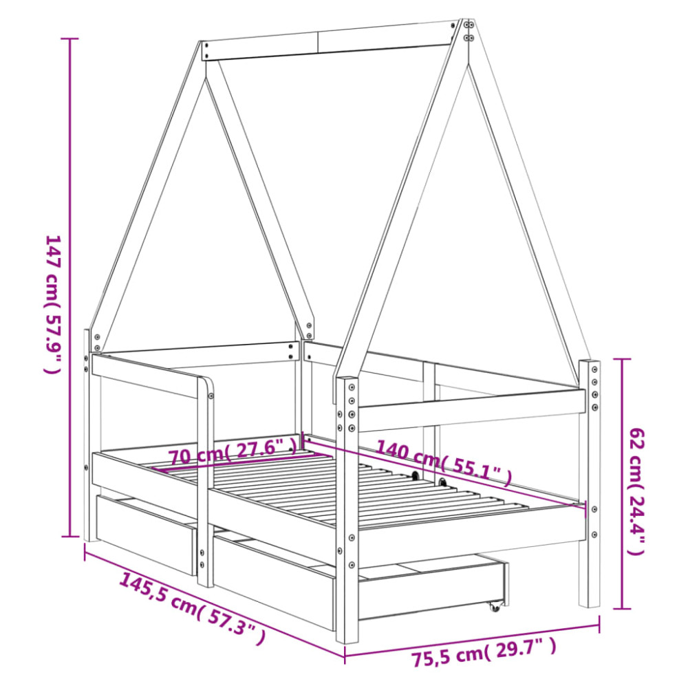 Produktbild för Sängram för barnsäng m. lådor 70x140 cm massiv furu