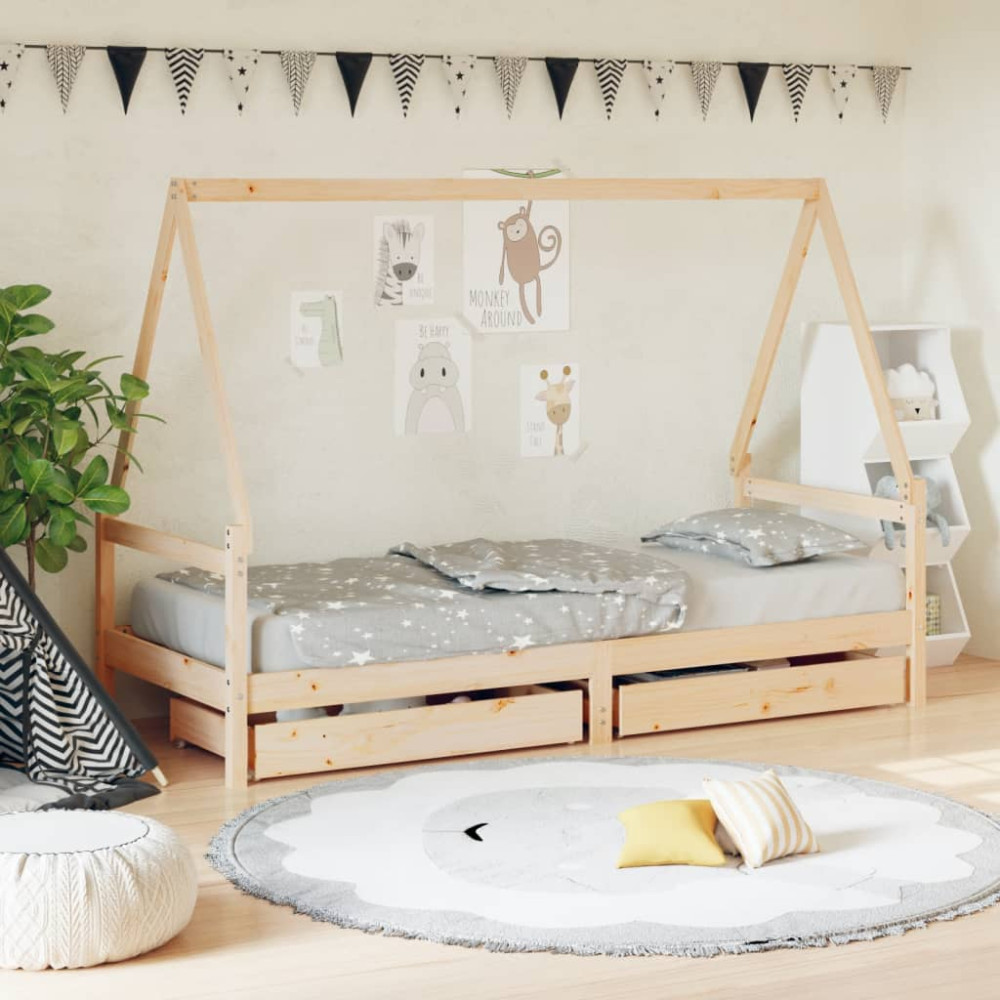 Produktbild för Sängram med lådor för barn 90x190 cm massiv furu