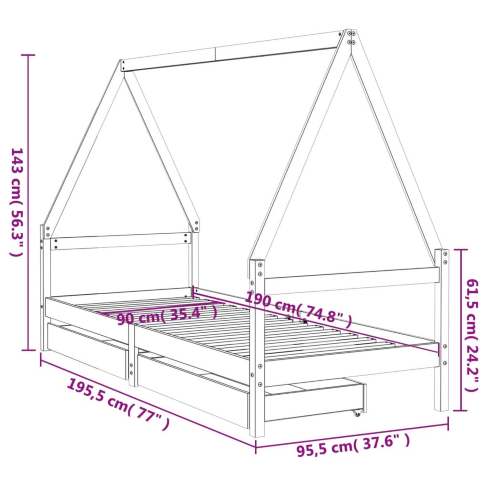 Produktbild för Sängram med lådor för barn 90x190 cm massiv furu