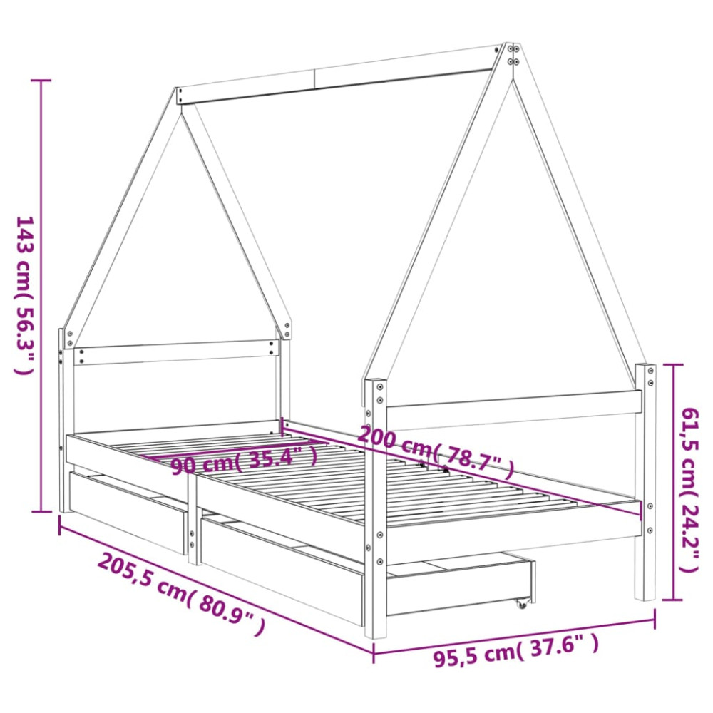Produktbild för Sängram för barnsäng m. lådor 90x200 cm massiv furu