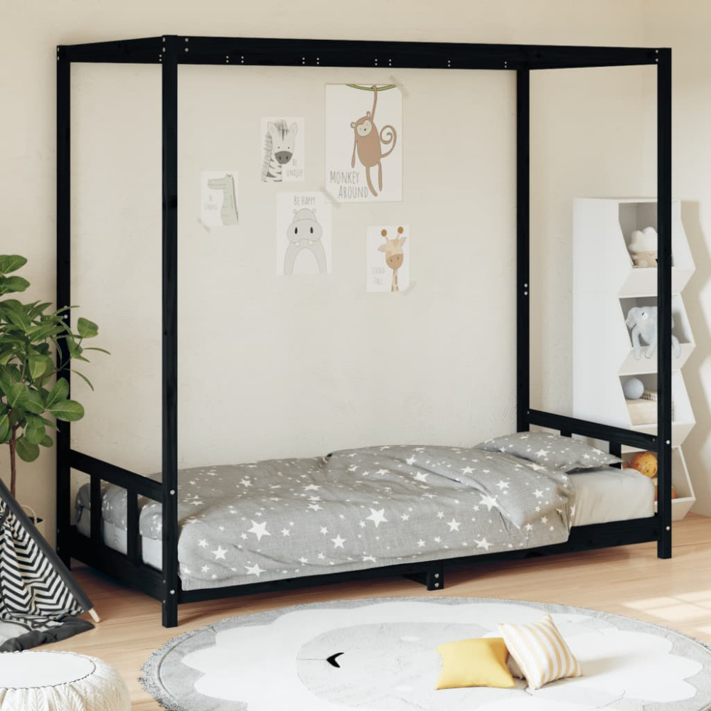 Produktbild för Sängram för barn svart 90x190 cm massiv furu