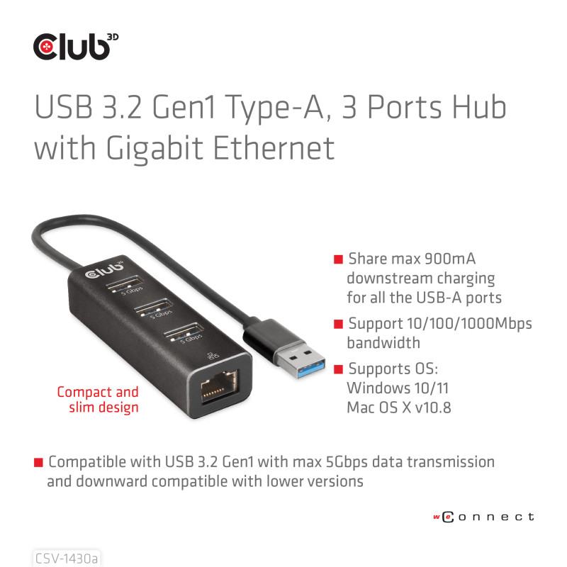 Produktbild för CLUB3D USB 3.2 Gen1 Type-A, 3 Ports Hub with Gigabit Ethernet