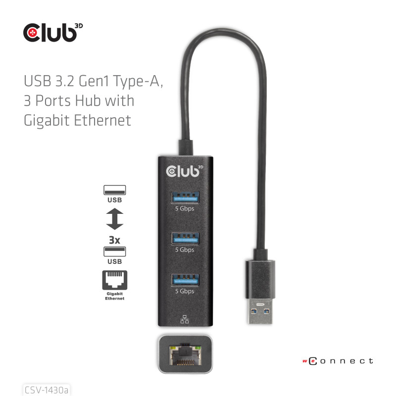 Produktbild för CLUB3D USB 3.2 Gen1 Type-A, 3 Ports Hub with Gigabit Ethernet