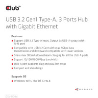 Miniatyr av produktbild för CLUB3D USB 3.2 Gen1 Type-A, 3 Ports Hub with Gigabit Ethernet