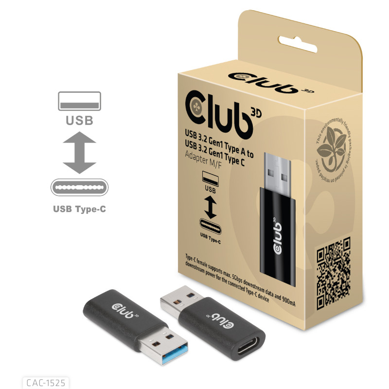 Produktbild för CLUB3D CAC-1525 kabelomvandlare (hane/hona) USB A USB TYPE C Svart