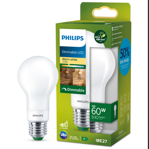 Philips LED E27 Normal 4W (60W) Frost Dimbar 840lm 2700K Energiklass A