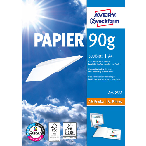 AVERY Avery Format Papier A4 90 g/m² 500 Sheets datapapper A4 (210x297 mm) Mätt Vit