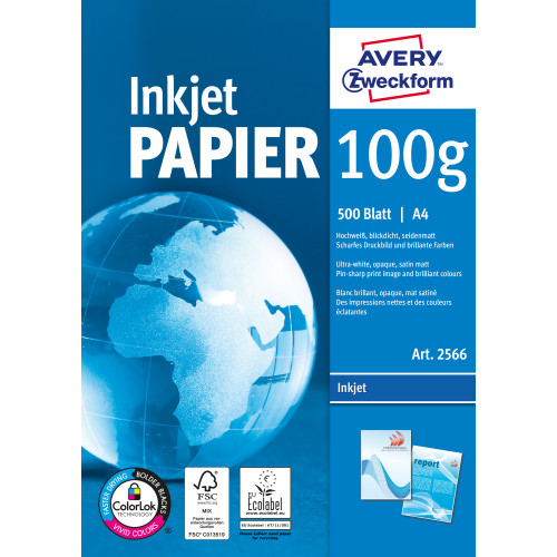 AVERY Avery Bright White Inkjet Papier A4 500 Sheets datapapper A4 (210x297 mm) Satin-matt 500 ark Vit